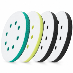 125 mm eight-hole foam interface pads in green, yellow and black with white attachment faces