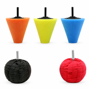 Orange yellow and blue foam polishing cones with black and red segmented polishing balls on a white background