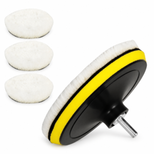 White microfiber buffing pads with a yellow foam backing plate and silver drill shank on a white background
